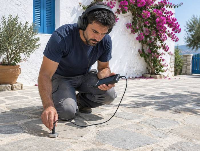 Υδραυλικός με ακουστικά ακούει τη διαρροή με μικρόφωνο εδάφους σε αυλή